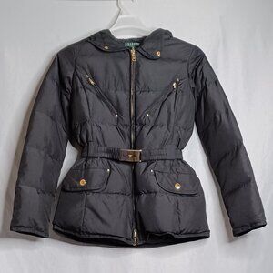 Lauren Ralph Lauren Puffer Jacket Womens XS Black Down Feather Hooded Outdoor